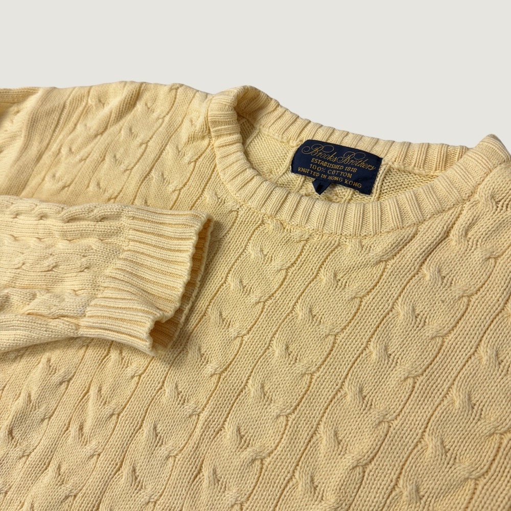 Brooks Brothers Mens Yellow Cable Knit Cotton Crewneck Sweater Size M